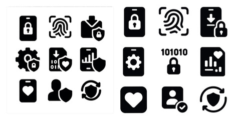 Security and privacy icons set – solid, filled, cybersecurity and data protection symbols