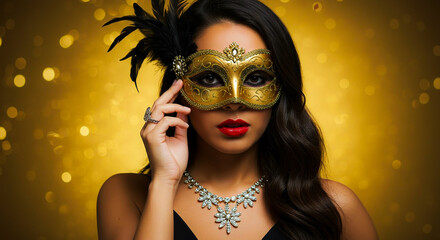 Elegant woman in gold masquerade mask.