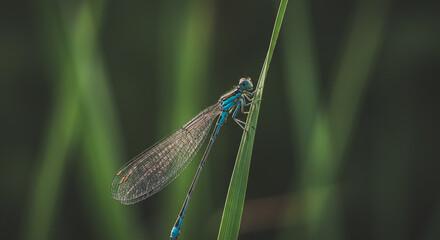 Blue Dragonfly on Green Grass