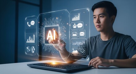 Young Asian man interacts with a futuristic holographic interface featuring the AI logo and data visuals. He appears to be working with Artificial Intelligence technology.