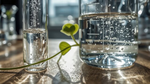 Macro Photograph of Potometer Experiment with 30cm Glass Capillary Tube and Moving Air Bubble Next to Millimeter Scale Illustration

