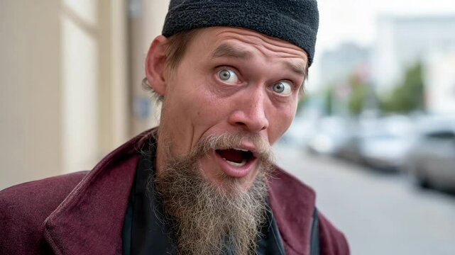 Man portrait funny face on a city street