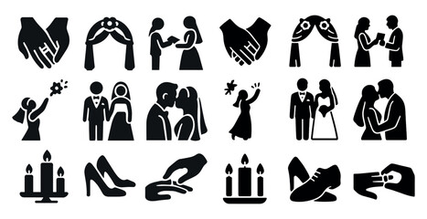 Wedding and romance silhouette icons set – filled, love, matrimonial symbols