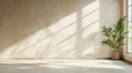 Serene minimalist interior featuring light colored wall, sunlight casting shadows, and potted