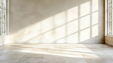 Bright interior space with neutral walls and floor, featuring soft shadows from windows