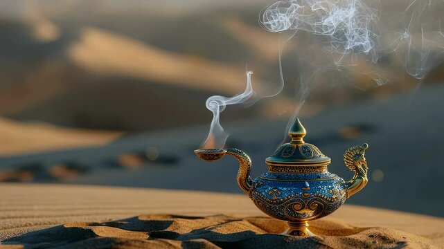 Ornate genie lamp with smoke in desert landscape, fantasy concept