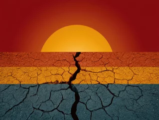 Fototapeten Vast landscape of cracked earth illuminated by a brilliant sunset merging warm tones of orange and red above an expanse of barren land creating a striking visual representation of earth's beauty © Leo Rohmann