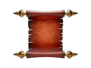 ancient Scroll with gold finials, red parchment, blank template isolated on transparent background