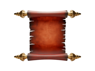 ancient Scroll with gold finials, red parchment, blank template isolated on transparent background
