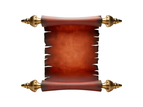 ancient Scroll with gold finials, red parchment, blank template isolated on transparent background