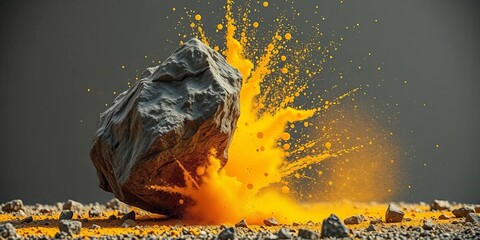 Suspended rock shattering, yellow dust cloud explosion,  debris,   impact