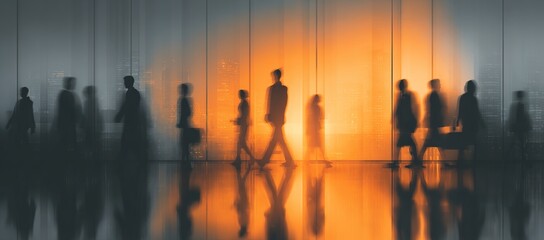 Corporate Collaboration: Blurred Business People in Glass Office. High quality