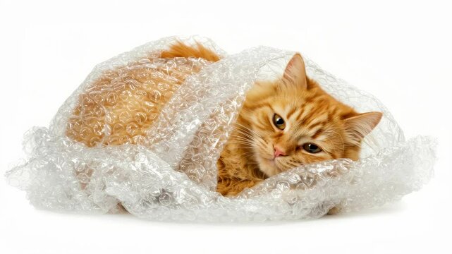 Ginger cat relaxing comfortably wrapped in protective bubble wrap on white background