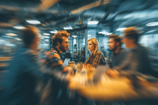 Concept of teamwork process at office.Happy Coworkers meeting.Blurred background.Horizontal. High quality - Powered by Adobe