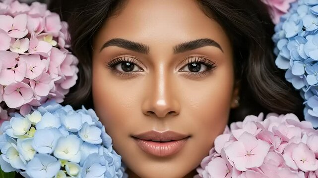 Portrait of a young woman with beautiful skin and makeup surrounded by Hydrangea flowers