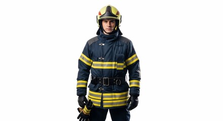 Firefighter portrait emergency services uniform safety gear rescue worker hero fireman standing isolated