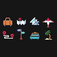 this is travel icon set in pixel art with colorful color and black background ,this item good for presentations,stickers, icons, t shirt design,game asset,logo and your project.