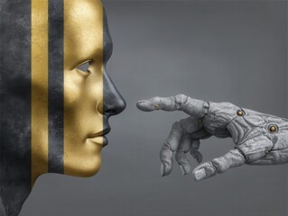 A striking representation of human connection and technology featuring a captivating gold and black humanoid face alongside a detailed robotic hand poised to touch in a profound moment of