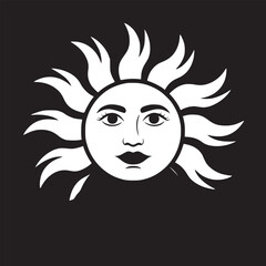 Illustration of a sun with a human face wearing a black top against a red colored background