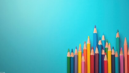 Colorful pencils arranged in a gradient pattern against a light turquoise background.