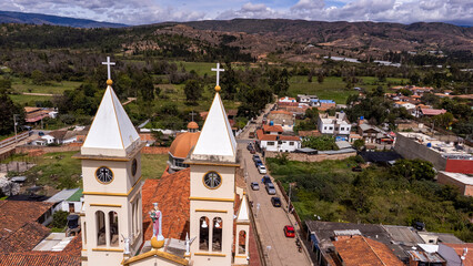 Fototapeta premium Sutamarchan, Boyaca - Colombia. May 11, 2025. Aerial drone view. It is one of the 123 municipalities in the department.