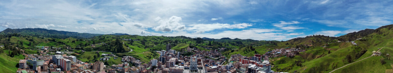 Obraz premium Donmatias, Antioquia, Colombia. June 15, 2025. Panoramic drone view. Municipality located 65 km from Medellín.