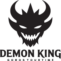 A black and white logo of a demon king with horns and sharp teeth on a light background design style