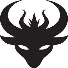 A stylized black silhouette of a horned creature on a white background with glowing white eyes
