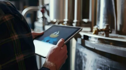 Brewery worker using tablet to monitor beer fermentation process in a brewery, industrial setting - Powered by Adobe