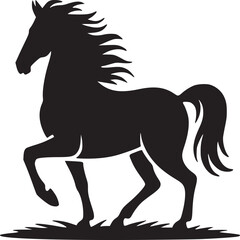 Silhouette of a horse with flowing mane and tail in a stylized running pose on a light background