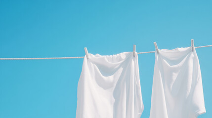 Freshly washed clothes drying under clear blue sky for laundry day inspiration