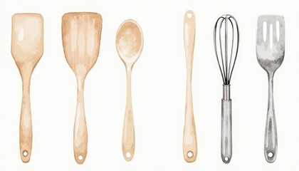 Watercolor illustration of various kitchen utensils.