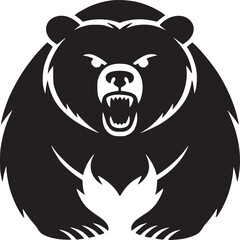 A fierce black bear roaring with its mouth open displaying sharp teeth on a light beige background