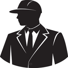 Silhouette of a man in a suit and hat looking to the side in black and white illustration style