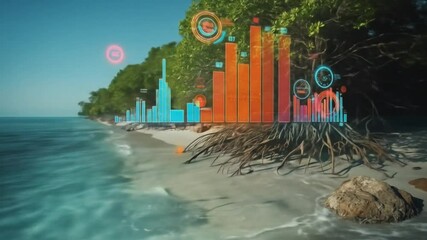 Futuristic beach scene with holographic data visualizations overlaying natural elements - Powered by Adobe