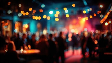 Blurred background of party with lights. Great for background or overlay in a presentation or website to show a busy social gathering. High quality