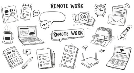 Remote Work Doodle Illustration Featuring Laptop, Coffee, Emails, and To-Do Lists for Business Productivity