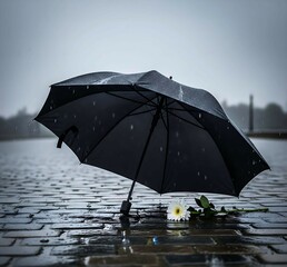 Black Umbrella in the Rain with White Flower 