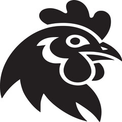 A stylized black and white illustration of a chicken head in simple graphic design on light background