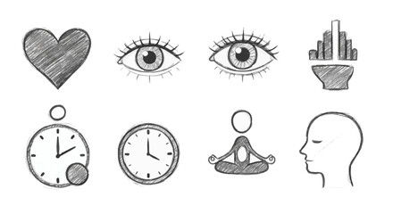 Fototapeta premium Hand-drawn sketch icons depict heart, eyes, time, meditation, and mind representing wellness, mindfulness, and balance.