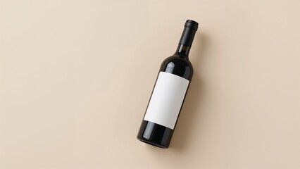 Obraz premium Vertical Black Wine Bottle with Blank Label on Pastel Background – Top View