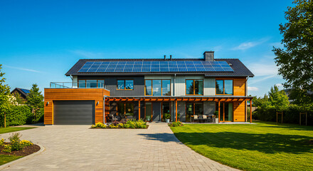 Landscape View of Solar-Powered Modern House with Clear Sky 