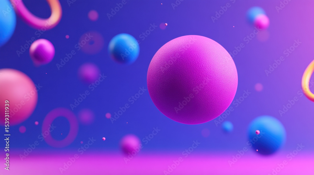 Poster Colorful floating spheres in purple and blue hues create vibrant and dynamic abstract background with soft focus and playful atmosphere