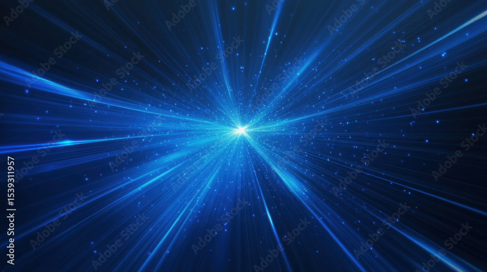 Poster Bright blue radial light pulses spread outward with sparkling particles, creating dynamic and energetic cosmic effect