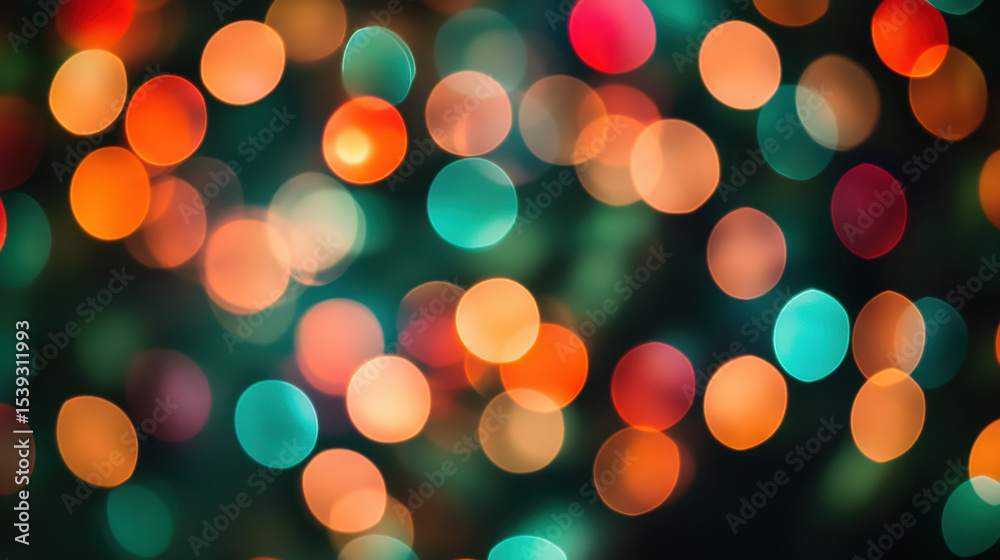 Poster Colorful light bokeh scattered softly across dark background creating warm and festive atmosphere with orange, red, and teal glowing circles