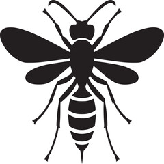 A graphic black and white image of a wasp with wings and striped abdomen on a white background