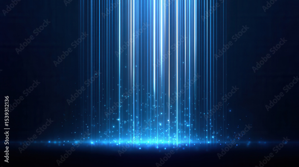 Poster blue light beams with glowing particles on dark navy background create magical and futuristic atmosp