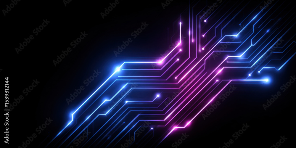 Aufkleber glowing neon circuit lines in blue and purple create dynamic dark tech background with flowing elect