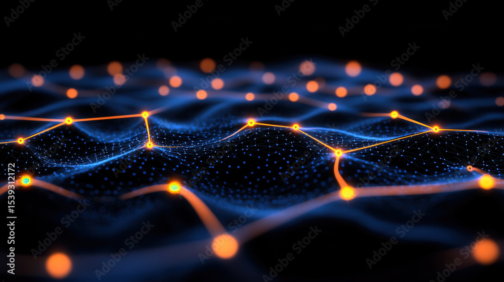 Aufkleber digital network with glowing orange nodes connected by thin lines over blue wave grid, creating futu