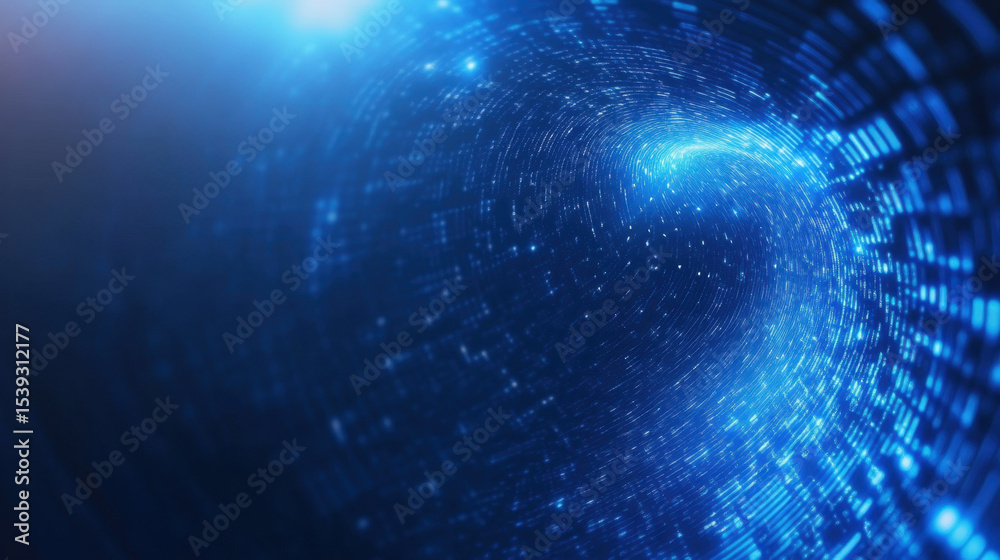 Poster digital vortex spinning gently with glowing blue data symbols, creating dynamic and futuristic techn